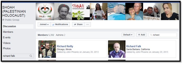 Screenshot of Richard Falk's membership in the Shoah: Palestinian Holocaust Facebook Group, taken in July, 2017.