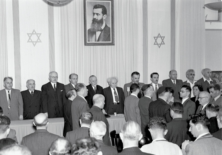 David Ben Gurion at the center as the state of Israel is declared May 14 1948