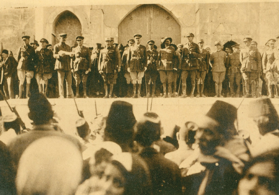 Original postcard showing Allenby’s proclamation to inhabitants, with an offcial surrender ceremony 