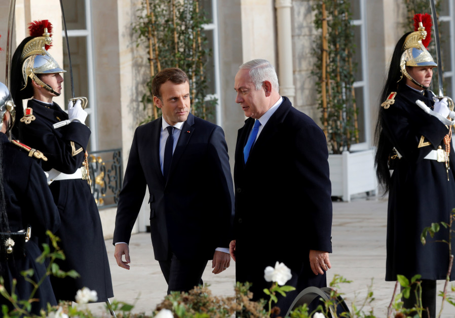 French President Emmanuel Macron welcomes Israeli Prime Minister Benjamin Netanyahu in Paris
