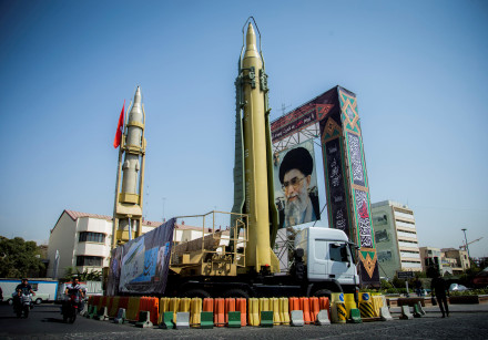 Missiles and a portrait of Iran's Supreme Leader Ayatollah Ali Khamenei in Tehran, Iran