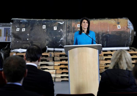 US Ambassador to the United Nations Nikki Haley in front of remains of Iranian 