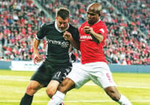 Ironi Kiryat Shmona defender Eyad Abu Abaid battles for the ball