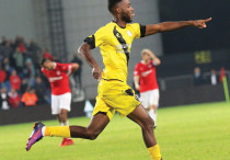 Maccabi Netanya forward Didier Kougbenya celebrates after scoring the winner in a 1-0 victory over H