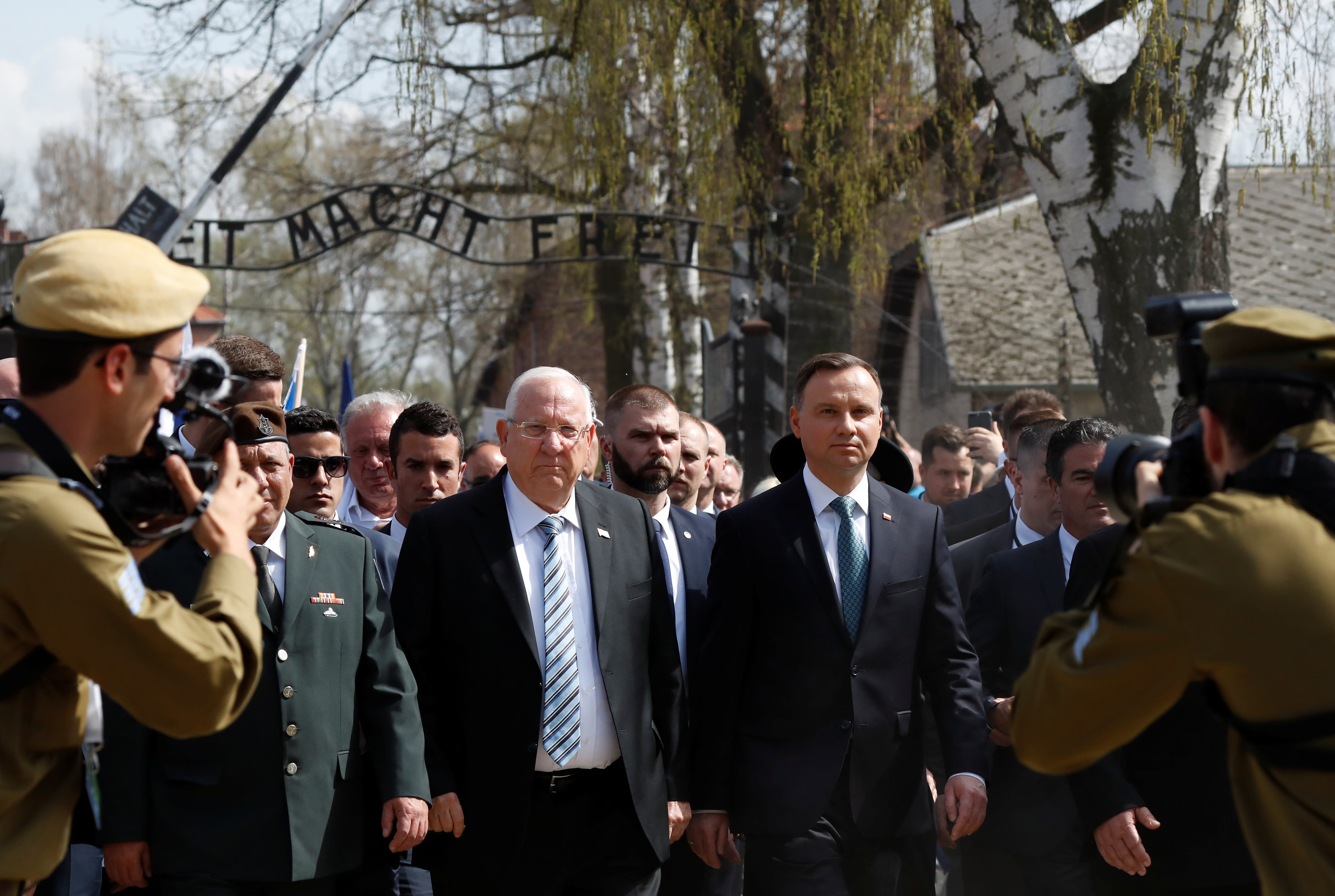 Israeli President Reuven Rivlin and Polish President Andrzej Duda are seen at the Entrance to Auschwitz as they take part in the annual March of the Living (KACPER PEMPEL/REUTERS)
