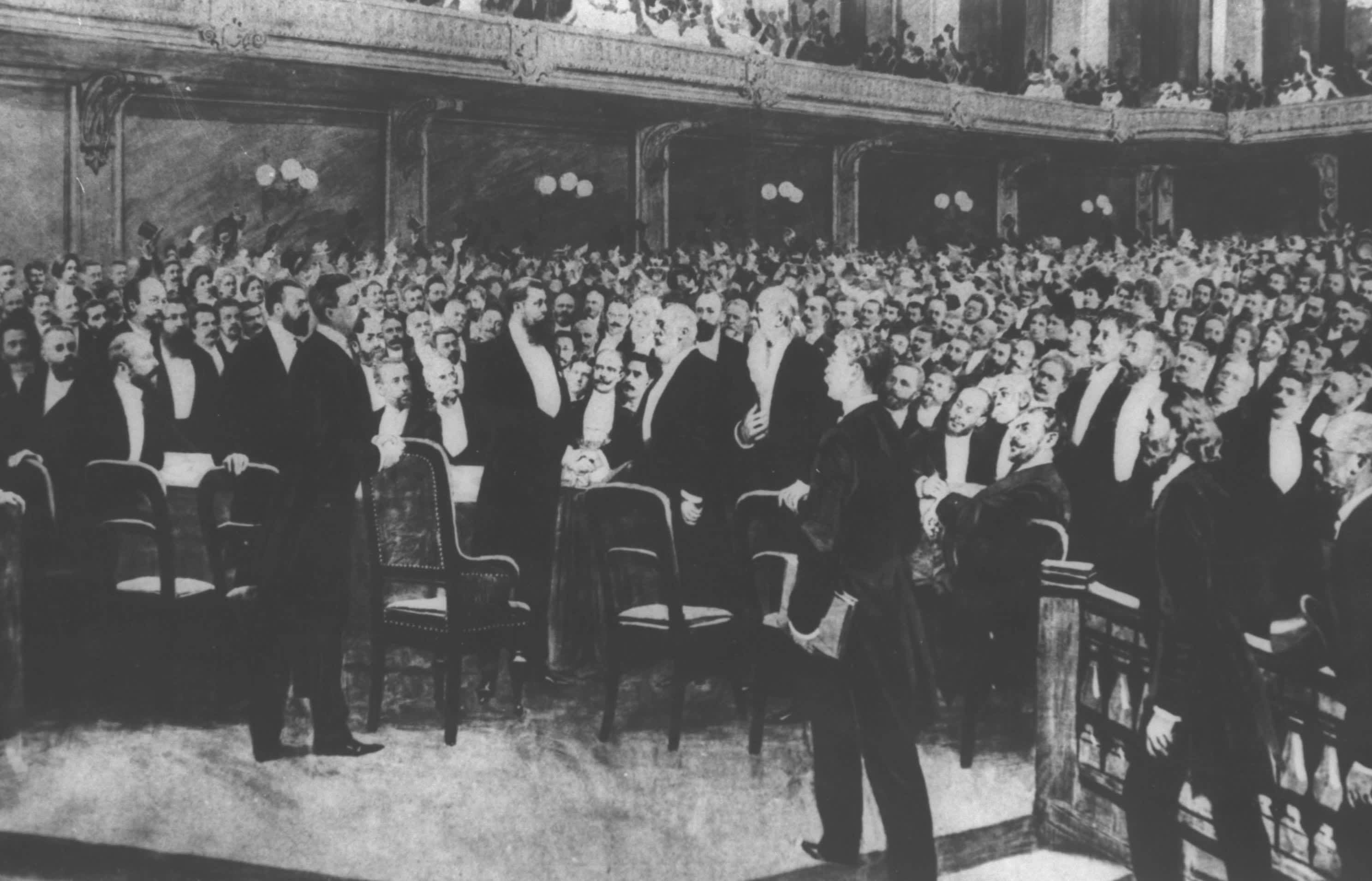Theodor Herzl at the First Zionist Congress, August 25, 1897 (WIKIMEDIA COMMONS/ISRAEL NATIONAL PHOTO COLLECTION)