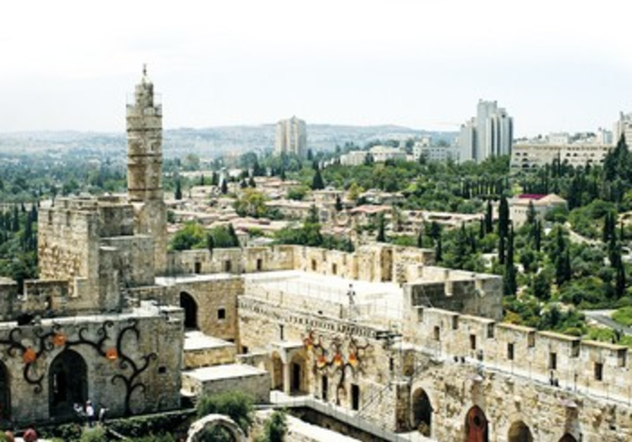 Aerial view over Jerusalem's Tower of David.