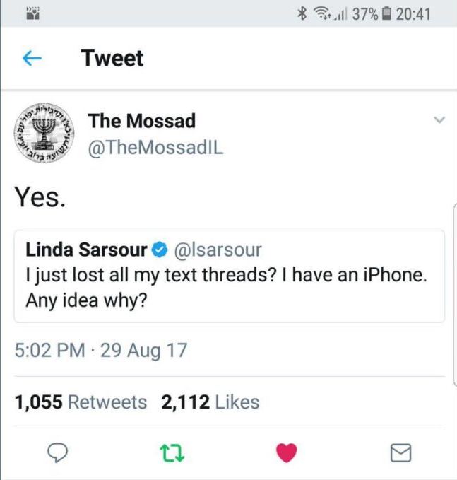 Twitter screenshot of interaction between Linda Sarsour and The Mossad.