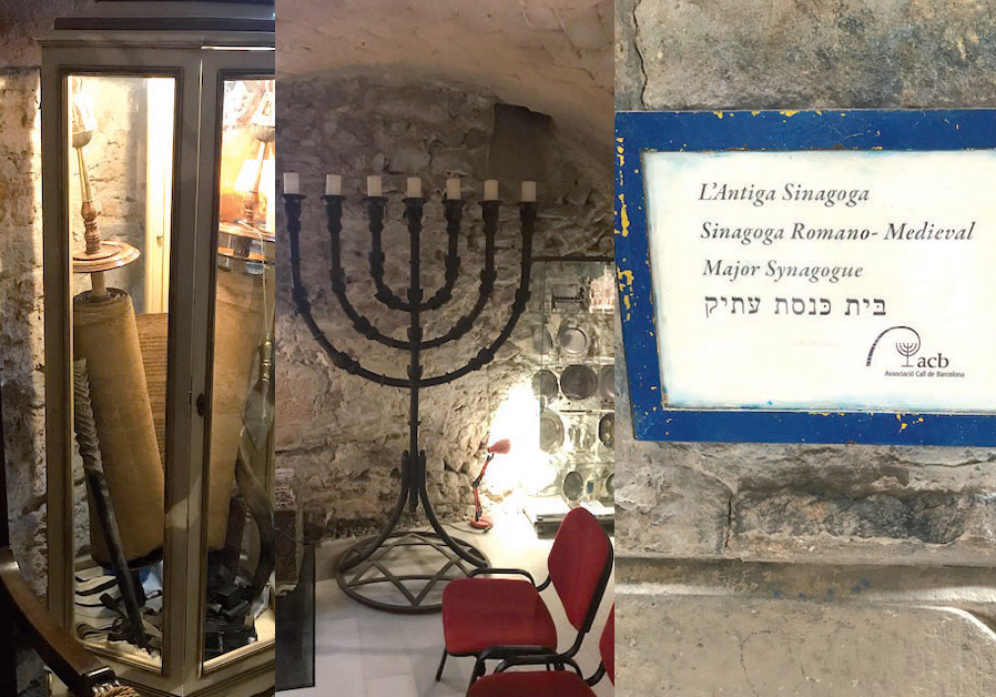 ספר תורה בבית הכנסת העתיק (משמאל), בתוך בית הכנסת (במרכז), שלט מחוץ לבית הכנסת העתיק (מימין) (רוברט הרסוביץ)