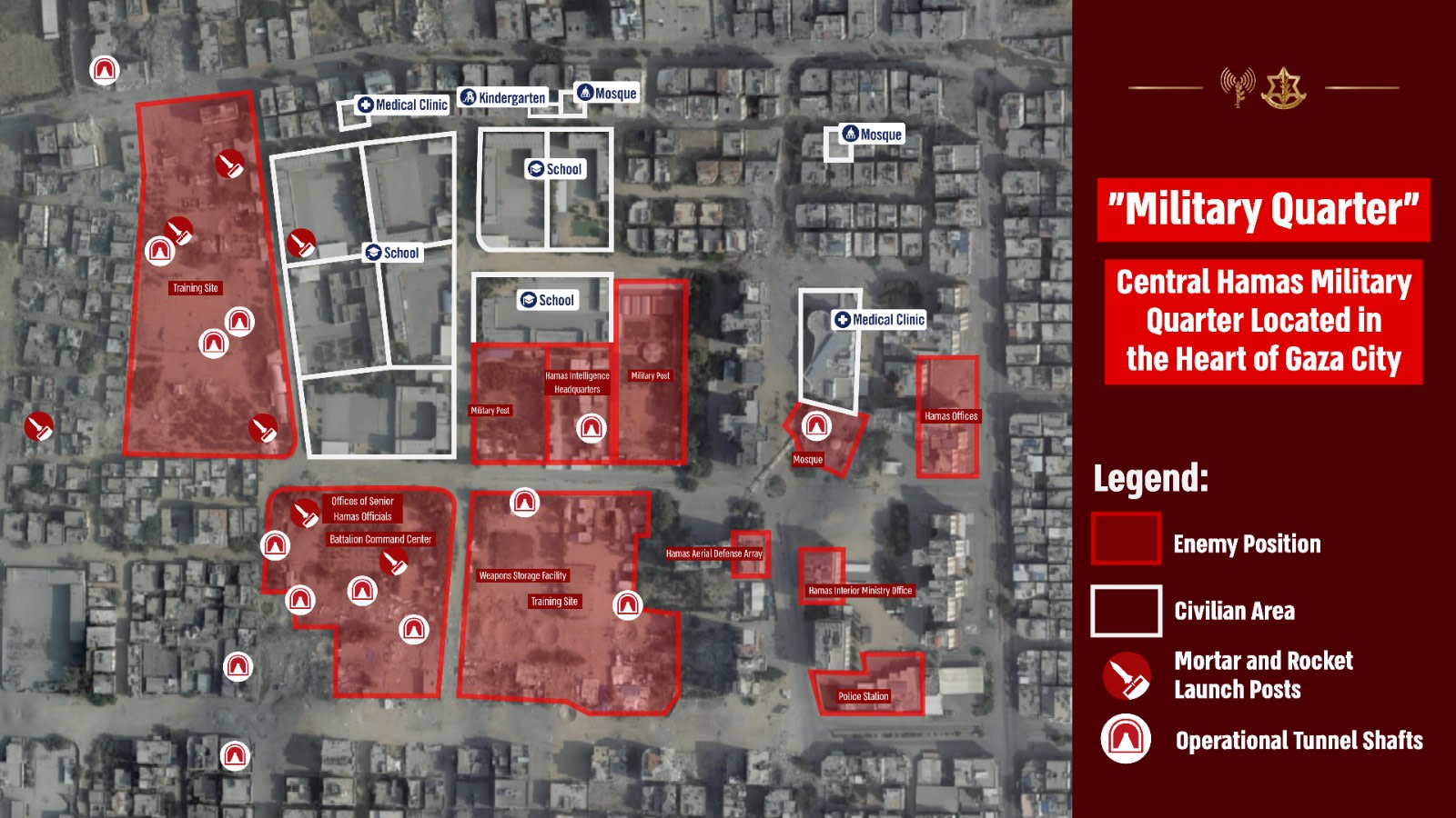  Location of civilian infrastructure located next to Hamas terrorist installations inside the military quarter of Gaza City, November 9, 2023