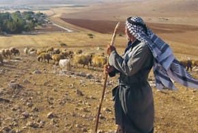 A Beduin man stands on a bluff overlooking the village of Al-Hadidya in the Jordan Valley. 