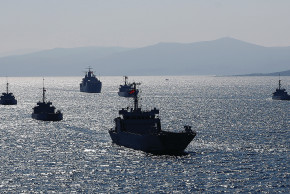 TURKISH NAVY ships take part in a landing drill off the Aegean coastal town of Foca in Izmir Bay in 
