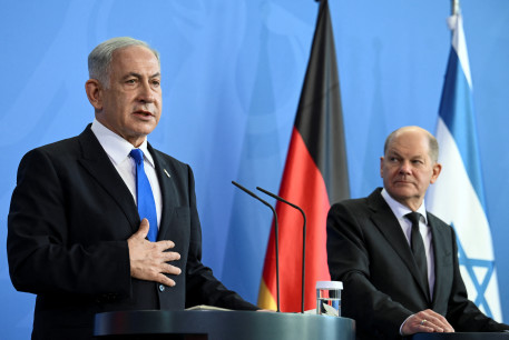 German Chancellor Olaf Scholz and Israeli Prime Minister Benjamin Netanyahu address a news conference at the Chancellery in Berlin, Germany, March 16, 2023.