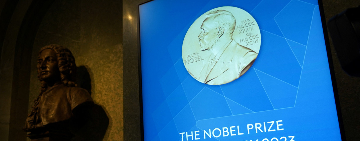  A view of a screen inside the Royal Swedish Academy of Sciences, where the Nobel Prize in Chemistry is announced, in Stockholm