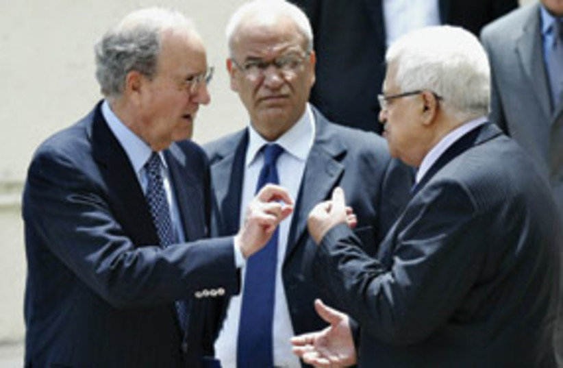Mitchell with Erekat and Abbas 311 (photo credit: Associated Press)