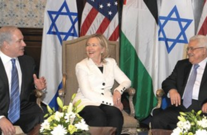 Netanyahu Clinton Abbas laughing 311 (photo credit: AP)