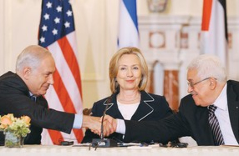 peace hand shake abbas netanyahu clinton 311 (photo credit: AP)