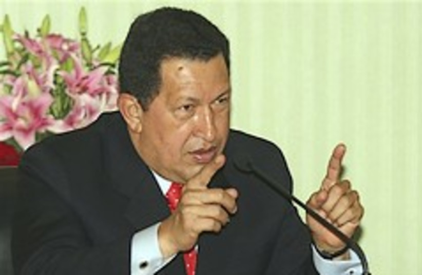 Chavez speaks during a press conference during he recent visit to Damascus (photo credit: AP)
