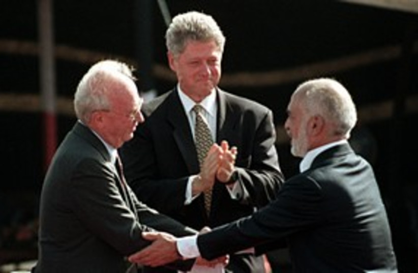 Rabin, Hussein and Clinton at Arava peace deal signing 311 R (photo credit: REUTERS/Jim Hollander)