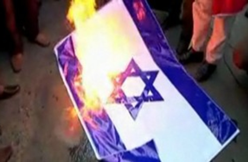 Burning Israeli flag at 'Occupy Tehran' 311 (R) (photo credit: REUTERS)