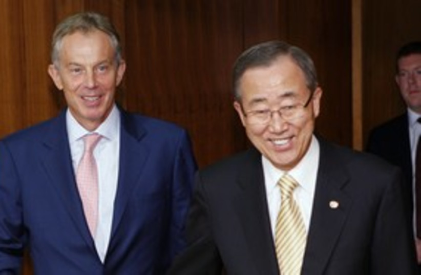UN Sec.-Gen. Ban Ki-moon and Quartet envoy Tony Blair 311 (R (photo credit: Chip East / Reuters)