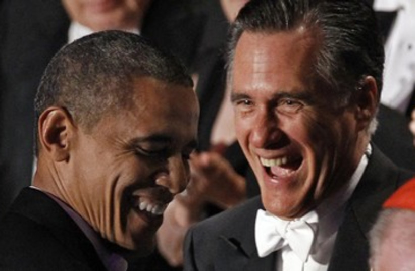 Obama, Romney laughing funny 390 (photo credit: REUTERS/Jim Young)