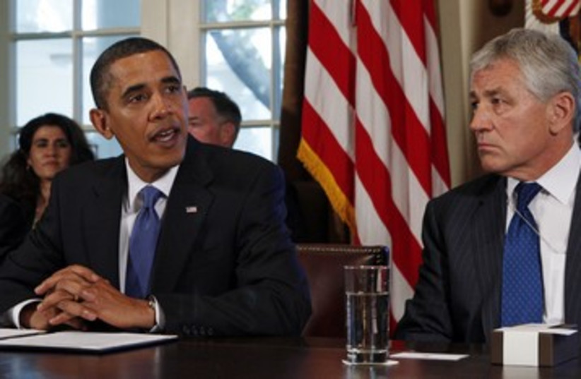 US President Barack Obama and Chuck Hagel 390 (photo credit: Jim Young / Reuters)