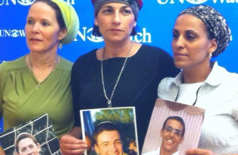 Mothers of Eyal Yifrah, Gil-Ad Shaer and Naftali Fraenkel (photo credit: ISRAEL AT THE UN-GENEVA)
