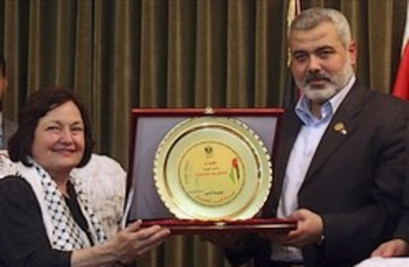Mairead McGuire with haniyeh 248 ap (photo credit: AP [file])