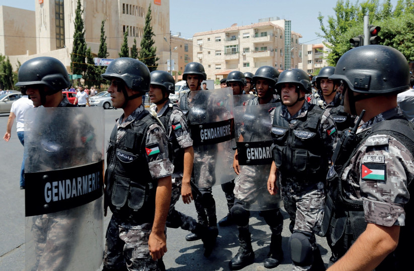 JORDANIAN POLICE deployed during protests against Israel in Amman. (photo credit: REUTERS)