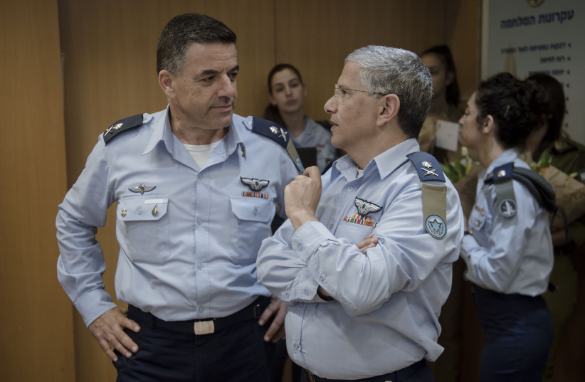 Maj. Gen. Amikam Norkin, current Air Force commander, and Maj. Gen. Amir Eshel, his predecessor (photo credit: IDF SPOKESPERSON'S UNIT)