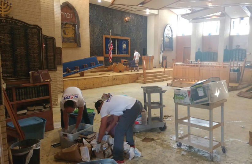 Workers clean the United Orthodox Synagogues of Houston on Sunday as part of restoration efforts by Jewish volunteers after Hurricane Harvey (photo credit: ZAKA)