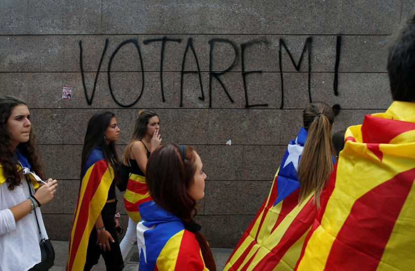Students in Catalonia march in support of the region's independence, September 2017 (photo credit: JON NAZCA/ REUTERS)