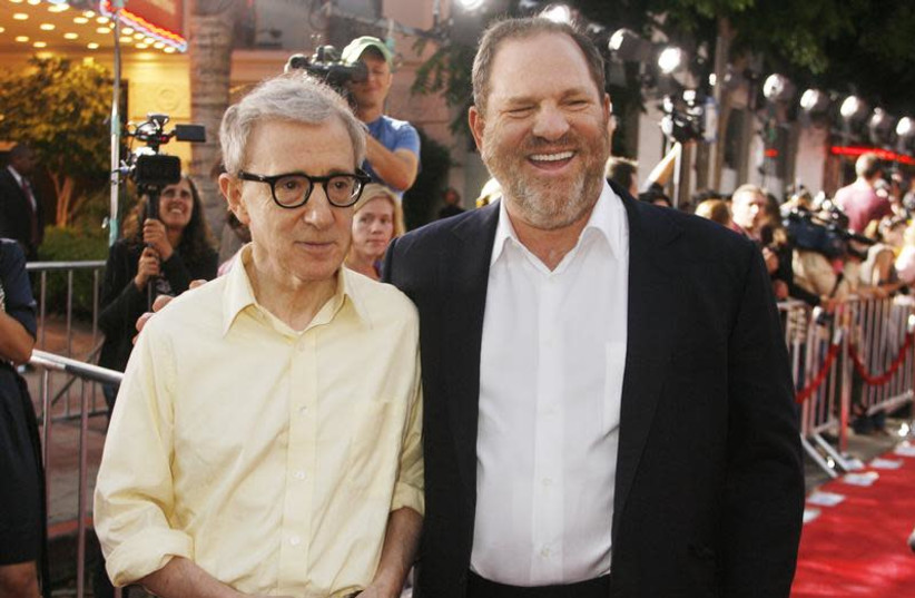 Woody Allen, director of the new film "Vicky Cristina Barcelona", poses with Harvey Weinstein, co-chairman of The Weinstein Co., at the film's premiere in Los Angeles August 4, 2008 (photo credit: FRED PROUSER/REUTERS)