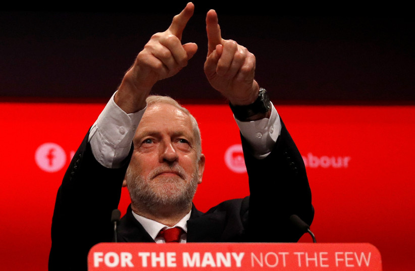 Britain's opposition Labour Party leader Jeremy Corbyn acknowledges his audience prior to giving his keynote speech at the Labour Party Conference in Brighton, Britain, September 27, 2017. (photo credit: REUTERS)