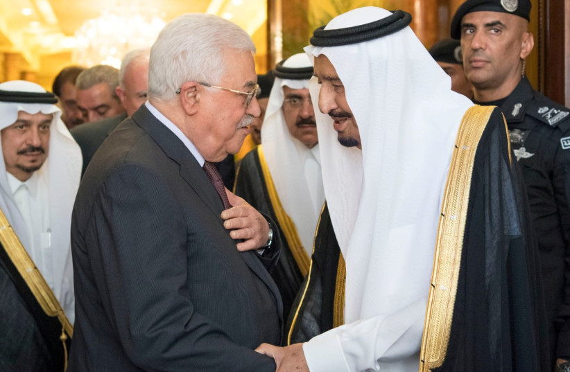 Mahmoud Abbas with Saudi King Salman. (photo credit: SAUDI PRESS AGENCY/HANDOUT VIA REUTERS)