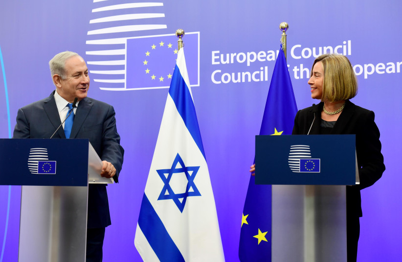 PM Benjamin Netanyahu and EU foreign policy chief Mogherini brief the media in Brussels (photo credit: AVI OHAYON - GPO)