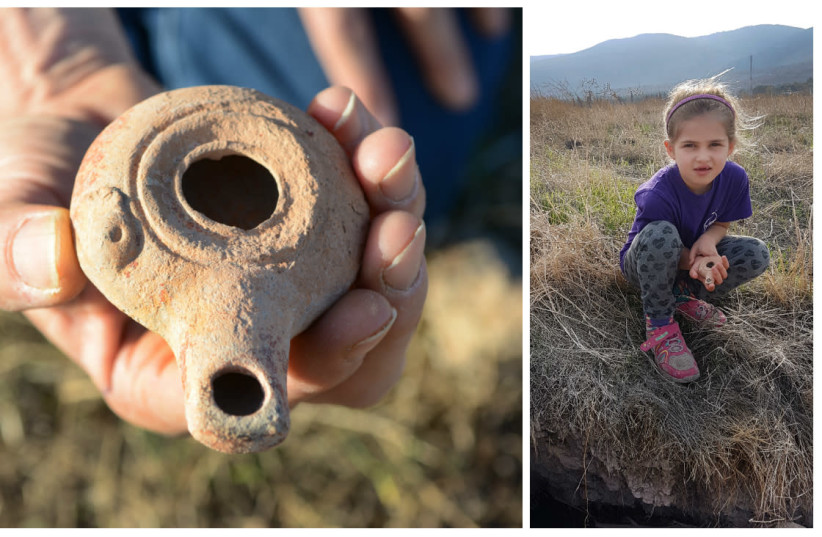 Right: Hadas Goldberg Keidar holding the clay lamp she found. Left:  A close up of the 2,200 year old clay lamp. (photo credit: NIR DISTELFELD/ ISRAEL ANTIQUITIES AUTHORITY + MIK)