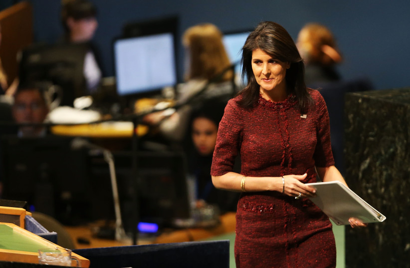 Nikki Haley, United States Ambassador to the United Nations, prepares to speak on the floor of the General Assembly on December 21, 2017 in New York City (photo credit: AFP PHOTO)