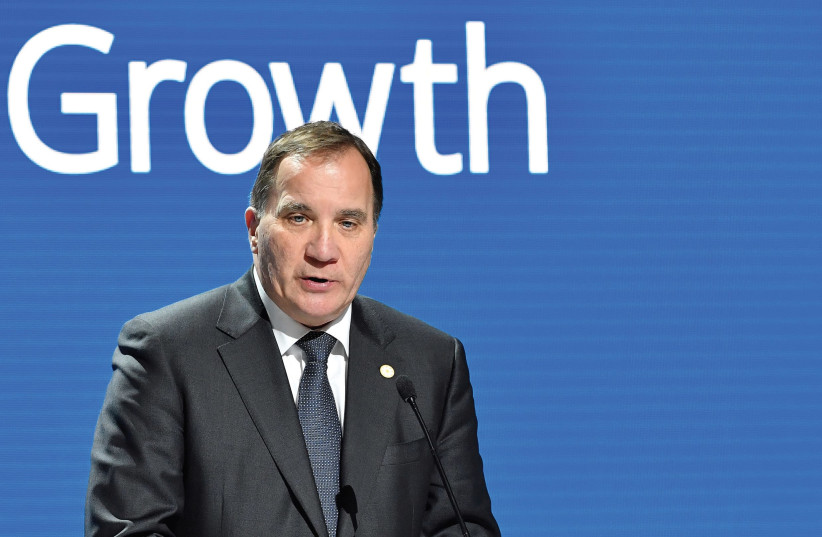 SWEDISH PRIME MINISTER Stefan Lofven speaks during a news conference at the EU Social Summit for Fair Jobs and Growth in Gothenburg last month. (photo credit: REUTERS)