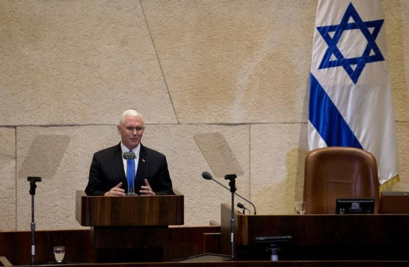 US Vice President Mike Pence addresses the Knesset, Israeli Parliament, in Jerusalem January 22, 2018 (photo credit: REUTERS/ARIEL SCHALIT/POOL)