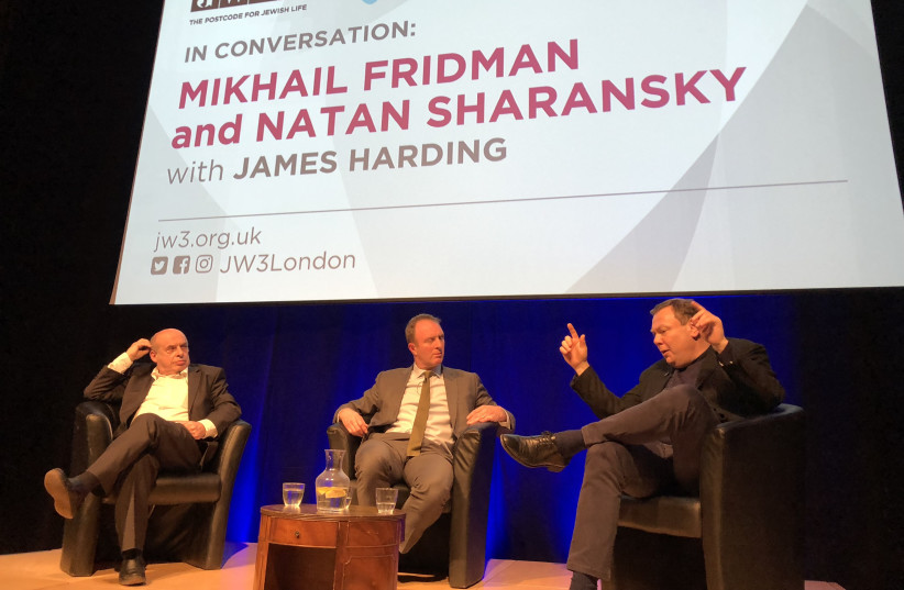 Michael Fridman, co-founder of the Genesis Philanthropy Group, discussing the future of Israel-diaspora ties with Natan Sharansky at JW3 Jewish Cultural Centre in London (photo credit: Courtesy)