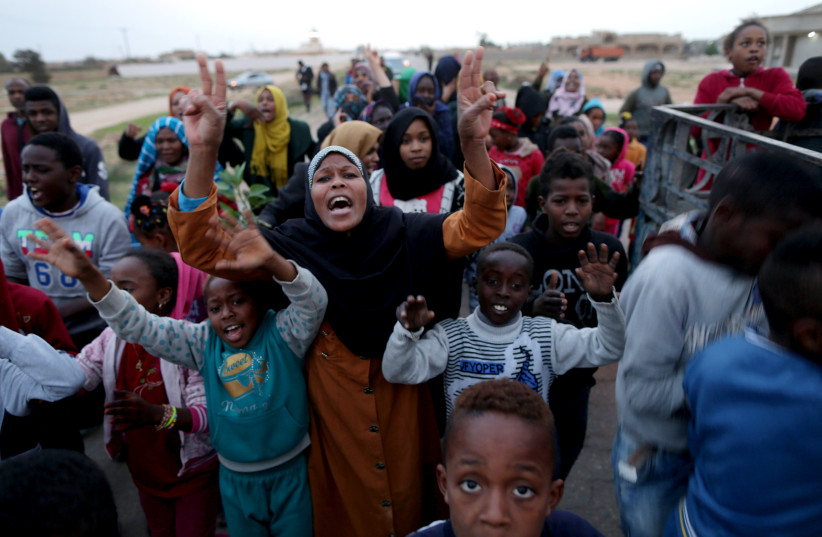 Libyan displaced from the town of Tawergha protest in their camp in Benghazi, Libya (photo credit: REUTERS/ESAM AL-FETORI)