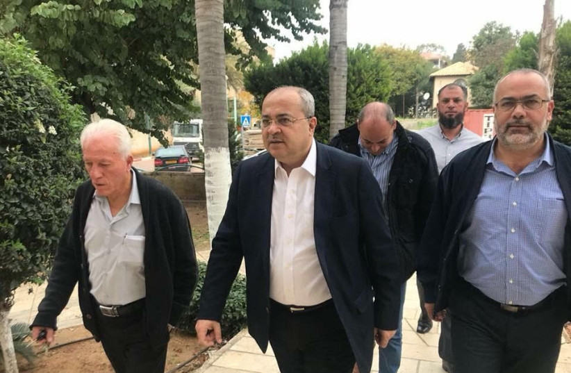 MK Ahmed Tibi (Joint List) visits the High School for the Sciences in Jaljulya on February 8, 2018 in the wake of a school shooting the day before (photo credit: AHMED TIBI'S OFFICE)