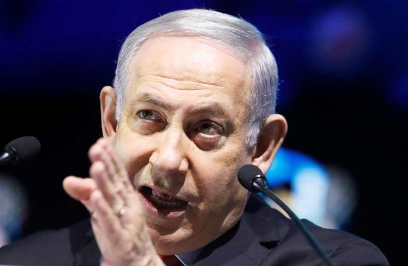 Israeli Prime Minister Benjamin Netanyahu speaks in Tel Aviv, Israel February 14, 2018 (photo credit: NIR ELIAS / REUTERS)