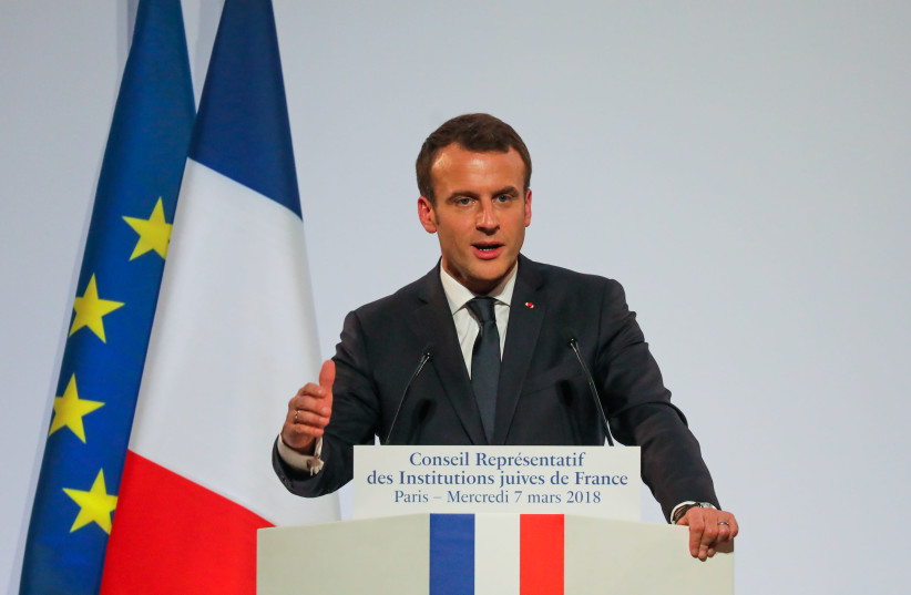 French President Emmanuel Macron attends the 33rd annual dinner of the Representative CRIF in Pari (photo credit: REUTERS/LUDOVIC MARIN/POOL)