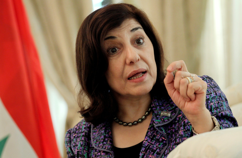 Bouthaina Shaaban, envoy of Syrian President Bashar al-Assad, speaks during an interview in Beijing August 15, 2012 (photo credit: STRINGER/ REUTERS)