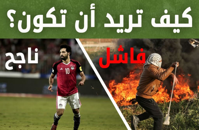 IDF graphics showing the difference between doing well and not doing well using Egyptian footballer Mohamed Salah and a Gazan protester (photo credit: IDF SPOKESMAN’S UNIT)