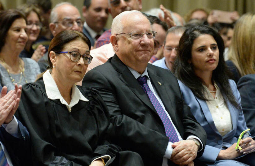 Supreme Court President Esther Hayut (L), President Reuven Rivlin (C), Justice Minister Ayelet Shaked (R) at the President's Residence, May 7, 2018 (photo credit: PRESIDENTIAL SPOKESPERSON OFFICE)