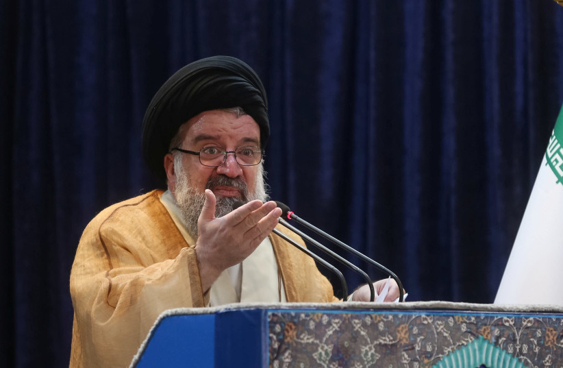 Iranian cleric Ayatollah Seyed Ahmad Khatami delivers a sermon during Friday prayers in Tehran, Iran, May 26, 2017. (photo credit: TIMA VIA REUTERS)